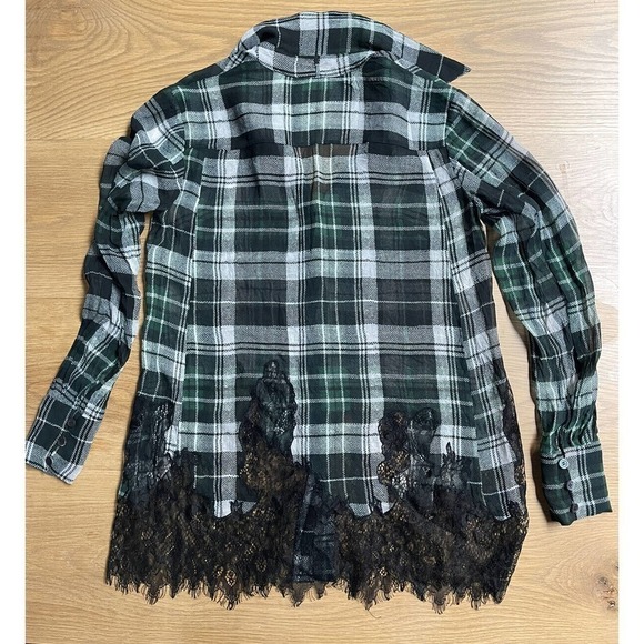 MCQ ALEXANDER MCQUEEN Fluid Tartan Plaid Silk Blouse Green Lace $610 - Picture 6 of 6